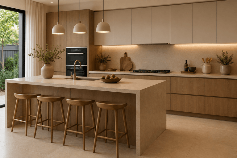 Luxury bespoke kitchen with marble island and dark walnut cabinetry